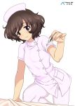  1girl absurdres acrux akiyama_yukari alternate_costume artist_name bed blush breasts brown_eyes brown_hair closed_mouth dated eyebrows_visible_through_hair girls_und_panzer hat highres looking_at_viewer nurse nurse_cap pantyhose pink_legwear shiny shiny_hair short_hair simple_background small_breasts smile solo thermometer white_background 