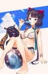  1girl absurdres arm_support ass ball bangle bare_shoulders barefoot beachball belt bikini blue_eyes blue_nails bracelet breasts breasts_apart clouds collarbone creature day fate/grand_order fate_(series) food hair_ornament hand_up highres holding holding_food jewelry katsushika_hokusai_(fate/grand_order) katsushika_hokusai_(swimsuit_saber)_(fate) knees_up kotoribako long_hair looking_at_viewer medium_breasts nail_polish navel octopus photoshop_(medium) popsicle purple_hair sitting swimsuit thigh_strap tokitarou_(fate/grand_order) very_long_hair white_bikini 