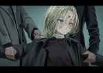  1girl 2others absurdres black_jacket black_sweater blonde_hair blood blood_on_face closed_mouth fingernails grey_eyes highres jacket long_sleeves multiple_others nadegata original outstretched_arms restrained solo_focus spread_arms sweater 
