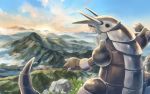  aggron aqua_sclera black_eyes clouds commentary_request day gen_3_pokemon highres horns mountain no_humans ohdon open_mouth outdoors pokemon pokemon_(creature) rock sky solo standing sun 