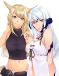  2girls animal_ears aqua_nails au_ra bangs bare_arms bare_shoulders blonde_hair blue_eyes breasts cat_ears cat_girl cat_tail closed_mouth dragon_girl dragon_horns eyebrows_visible_through_hair final_fantasy final_fantasy_xiv fingernails groin holding_hands horns interlocked_fingers looking_at_viewer medium_breasts miqo&#039;te multiple_girls nail_polish nanase_kokono navel open_mouth purple_nails scales simple_background sleeveless slit_pupils straight_hair swept_bangs tail white_background white_hair 