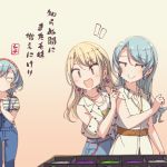  3girls :d aqua_hair ayasaka bang_dream! bangs belt blonde_hair clenched_hand collared_dress commentary_request detached_sleeves dress earrings emphasis_lines gradient gradient_background hairband hand_on_another&#039;s_shoulder hikawa_hina hikawa_sayo jewelry kirigaya_touko long_hair looking_to_the_side multiple_girls nervous_smile open_mouth overalls pendant polka_dot polka_dot_shirt shirt short_sleeves side_braids slit_pupils smile striped striped_shirt tan_background tied_shirt translation_request v-shaped_eyebrows white_dress 