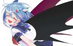  1girl :d absurdres animal_ears bat_wings blue_hair blue_skirt cat_ears detached_wings facing_to_the_side facing_viewer from_side hair_ornament highres leaning_forward nadegata neckerchief open_mouth original red_neckwear round_teeth school_uniform serafuku shirt short_sleeves simple_background skirt smile solo teeth upper_body white_background white_shirt wings 