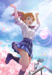  1girl :d arms_up artist_name bangs black_footwear black_legwear blue_eyes blue_skirt blue_sky blush bow bowtie breasts cherry_blossoms clenched_hands clouds commentary_request dated day highres jumping kneehighs kousaka_honoka lens_flare loafers long_hair looking_away love_live! love_live!_school_idol_project medium_breasts miniskirt mixed-language_commentary one_side_up open_mouth orange_hair otonokizaka_school_uniform outdoors petals petticoat plaid plaid_skirt pleated_skirt railing red_bow red_neckwear school_uniform shamakho shoes short_sleeves signature skirt sky smile solo spring_(season) sunlight traffic_light tree 