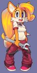  1girl ahoge animal_ears blonde_hair blue_background blue_eyes blush breasts coco_bandicoot crash_bandicoot english_commentary eyebrows_visible_through_hair fox_tail full_body furry fusion hair_tie hand_on_hip happy holding huge_ahoge light_blush long_hair looking_at_viewer medium_breasts open_mouth overalls pigeon-toed pink_footwear ponytail shirt shoes short_sleeves simple_background smile solo sonic_the_hedgehog standing suspenders tail tails_(sonic) teeth tied_hair wamudraws white_shirt wrench 