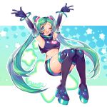  1girl 39 2020 armpits arms_up black_gloves boots breasts detached_sleeves elbow_gloves full_body gloves green_eyes green_hair hatsune_miku headset highres inioli long_hair medium_breasts midriff one_eye_closed open_mouth platform_boots platform_footwear see-through solo space_channel_5 thigh-highs thigh_boots twintails twitter_username very_long_hair vocaloid 
