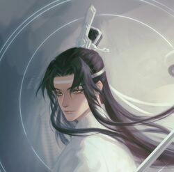  1boy black_hair chinese_clothes dreamingpool grey_background hair_ribbon headband highres long_hair male_focus mo_dao_zu_shi ribbon solo topknot upper_body very_long_hair wangji_lan white_headband white_robe yellow_eyes 