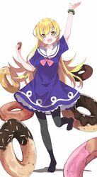  1girl :d arm_up bakemonogatari bangs black_legwear blonde_hair blue_dress blush_stickers brown_eyes commentary_request doughnut dress eyebrows_visible_through_hair fang food full_body hair_between_eyes hand_up head_tilt highres holding holding_food long_hair monogatari_(series) open_mouth oshino_shinobu pantyhose sailor_collar sailor_dress shadow short_sleeves smile solo tantan_men_(dragon) very_long_hair white_background white_sailor_collar 