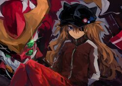  1girl absurdres animal_hat badge bangs black_headwear blue_eyes closed_mouth eva_02 evangelion:_3.0_you_can_(not)_redo eyepatch hands_in_pockets hat highres jacket kaamin_(mariarose753) long_hair long_sleeves mecha neon_genesis_evangelion orange_hair plugsuit rebuild_of_evangelion red_jacket souryuu_asuka_langley sparkle track_jacket 