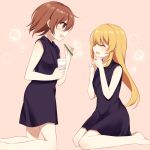  2girls :d bangs blonde_hair brown_eyes brown_hair child closed_eyes dolly_(to_aru_kagaku_no_railgun) eyebrows_visible_through_hair floating_hair from_side hair_between_eyes holding hospital_gown kneeling long_hair looking_at_another multiple_girls nemu_mohu open_mouth pink_background profile shiny shiny_hair shokuhou_misaki short_hair sleeveless smile straight_hair to_aru_majutsu_no_index very_long_hair younger 