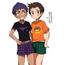  2boys arm_grab blush boxers brown_eyes brown_hair chokutsuu_(menino) dark_skin dark_skinned_male grin highres hop_(pokemon) looking_at_viewer masaru_(pokemon) multiple_boys pokemon pokemon_(game) pokemon_swsh purple_hair shirt simple_background smile sweatdrop t-shirt underwear white_background 