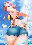  1girl arisugawa_natsuha ass back bangs bare_shoulders bikini black_eyes blush breasts brown_hair day denim denim_shorts dimples_of_venus earrings eyebrows_visible_through_hair eyewear_on_head from_behind hair_up highres idolmaster idolmaster_shiny_colors infinote jewelry large_breasts long_hair looking_at_viewer looking_back outdoors shorts smile solo sunglasses swimsuit thighs tinted_eyewear torn_clothes torn_shorts wading wet yellow_bikini 