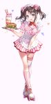  1girl :d absurdres alternate_hairstyle animal_ears apron apron_tug asymmetrical_legwear bang_dream! bangs bear_ears black_hair blue_eyes character_name collared_dress commentary_request dress fake_animal_ears food frilled_apron frilled_hairband frills full_body gen_(gen_m_gen) hair_ornament hairband hairclip hairpin hamburger heart highres kneehighs looking_at_viewer michelle_(bang_dream!) mismatched_legwear name_tag neckerchief okusawa_misaki open_mouth parfait pink_dress pink_legwear red_neckwear roller_skates short_sleeves sidelocks single_kneehigh single_thighhigh skates smile solo striped striped_legwear thigh-highs twintails vertical-striped_dress vertical-striped_legwear vertical_stripes waitress white_legwear 