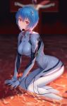  1girl ayanami_rei bangs blue_eyes blue_hair blurry blurry_background bodysuit breasts closed_mouth commentary_request cross crucifixion depth_of_field dongfangzhong111 feet_out_of_frame hair_ornament looking_at_viewer medium_breasts neon_genesis_evangelion partially_submerged pilot_suit plugsuit red_eyes short_hair skin_tight solo_focus water white_bodysuit 