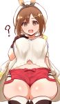  1girl ? atelier_(series) atelier_ryza breasts brown_eyes brown_gloves brown_hair commentary_request donutman gloves hair_ornament hairclip highres jewelry large_breasts navel open_mouth pendant red_shorts reisalin_stout shorts thigh-highs thighs white_background 