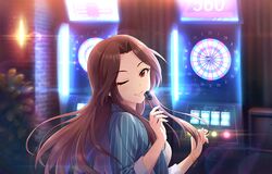  blush brown_eyes brown_hair dress idolmaster_cinderella_girls_starlight_stage komuro_chinami long_hair smile wink 