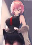  1girl bare_shoulders black_dress black_legwear blush breasts crotch_seam dress dress_lift fate/grand_order fate_(series) glasses hair_over_one_eye jacket large_breasts lavender_hair long_sleeves looking_at_viewer mash_kyrielight necktie off_shoulder open_clothes open_jacket panties panties_under_pantyhose pantyhose short_dress short_hair smile suzuho_hotaru thighband_pantyhose thighs underwear violet_eyes 