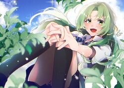  1girl :d bangs black_legwear black_skirt blue_sky clouds commentary crossed_legs dated dutch_angle feet_out_of_frame green_eyes green_hair hair_ribbon hand_on_own_knee highres higurashi_no_naku_koro_ni interlocked_fingers kamuro_asu kneehighs leaf long_hair looking_at_viewer necktie open_mouth outdoors plant ribbon shirt short_sleeves signature sitting skirt sky smile solo sonozaki_shion sparkle striped striped_neckwear white_shirt yellow_ribbon 