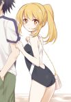  1boy 1girl bangs black_swimsuit blonde_hair blush brown_eyes competition_school_swimsuit cowboy_shot eyebrows_visible_through_hair green_pants hair_between_eyes hand_in_pocket highres long_hair looking_at_viewer nemu_mohu pants parted_lips ponytail shiny shiny_hair shirt shokuhou_misaki short_sleeves sleeve_tug solo_focus sweatdrop swimsuit to_aru_majutsu_no_index white_shirt 