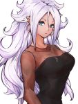  1girl alternate_costume android_21 black_dress blue_eyes breasts dragon_ball dragon_ball_fighterz dress earrings hoop_earrings jewelry kemachiku long_hair looking_at_viewer majin_android_21 medium_breasts pointy_ears simple_background solo white_background white_hair 