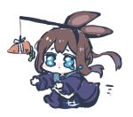  1girl amiya_(arknights) animal_ears arknights bangs black_jacket blue_eyes carrot carrot_on_stick chibi crying hair_between_eyes jacket long_hair lowres ponytail rabbit_ears simple_background stick sukima_(crie) upper_body white_background 