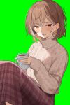  1girl :d absurdres aran_sweater bangs black_hair blush brown_eyes brown_hair brown_skirt cable_knit cup green_background grey_hair gukurosawa01 hair_between_eyes highres holding holding_cup hololive hololive_english knees_up looking_at_viewer mug multicolored_hair nail_polish nanashi_mumei pink_nails plaid plaid_skirt simple_background sitting skirt smile solo steam streaked_hair sweater teeth turtleneck turtleneck_sweater upper_teeth_only virtual_youtuber white_sweater 