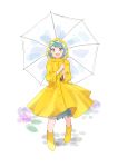  1girl :d absurdres aqua_eyes aqua_hair boots coat gyakuten_saiban highres holding holding_umbrella hood karuma_mei mole mole_under_eye open_mouth outdoors raincoat rin_(yukameiko) rubber_boots short_hair smile standing transparent transparent_umbrella umbrella white_background yellow_coat younger 