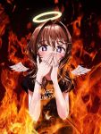  1girl absurdres angel_(nadegata) angel_wings black_shirt blush bracelet bright_pupils brown_hair burning clothes_writing detached_wings feathered_wings finger_tattoo fingernails fire hair_intakes halo hands_over_mouth highres jewelry long_hair looking_at_viewer nadegata original profanity shirt short_sleeves solo upper_body violet_eyes white_pupils white_wings wings 