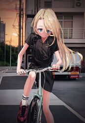  1girl absurdres backpack bag bicycle black_dress blonde_hair blue_eyes closed_mouth dress green_eyes ground_vehicle highres long_hair nadegata nike original photo_background red_footwear riding_bicycle shoes short_dress short_sleeves smile socks solo white_legwear 