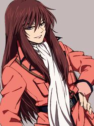  1boy akasata belt brown_hair cluster_edge dutch_angle grey_background grey_eyes hand_on_hip jacket long_hair long_sleeves looking_at_viewer male_focus sidelocks smile solo standing very_long_hair vesuvia_valentino white_neckwear 