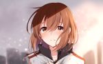  1girl bangs blurry blurry_background brown_hair closed_mouth crying dolly_(to_aru_kagaku_no_railgun) eyebrows_visible_through_hair frown grey_jacket hair_between_eyes jacket looking_at_viewer nemu_mohu portrait short_hair solo tears to_aru_majutsu_no_index torn_jacket 