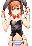  1girl :o animal_ears bangs bare_shoulders black_hairband black_leotard blush bow bowtie breasts brown_eyes brown_hair collar collarbone commentary_request detached_collar eyebrows_visible_through_hair fake_animal_ears garter_straps groin hairband hands_up holding_ears leotard misaka_imouto navel panties parted_lips rabbit_ears raika9 red_neckwear simple_background small_breasts solo striped striped_panties to_aru_kagaku_no_railgun to_aru_majutsu_no_index underwear white_background white_collar wrist_cuffs 