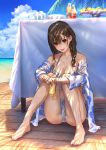  1girl absurdres barefoot beach bikini bikini_bottom bikini_top black_hair breasts brown_eyes cup feet food fruit glasses highres holding holding_cup looking_at_viewer medium_hair navel ocean original plate shouhei side_ponytail sitting swimsuit table towel 