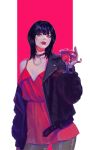  1girl absurdres black_hair black_jacket breasts choker dress drink highres holding holding_drink jacket looking_at_viewer medium_hair original red_background red_dress red_eyes shinyoung_kim small_breasts solo 