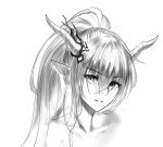  1girl arknights azto_dio bangs commentary eyebrows_visible_through_hair greyscale hair_between_eyes highres horns long_hair looking_at_viewer monochrome parted_lips pointy_ears shining_(arknights) solo 
