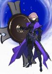 1girl armor black_armor cape closed_mouth commentary_request eyebrows_visible_through_hair fate/grand_order fate_(series) full_body hair_over_one_eye highres holding holding_shield holding_weapon knight korean_commentary looking_at_viewer mash_kyrielight pink_hair purple_cape sheath sheathed shield short_hair solo sword violet_eyes weapon yarr 