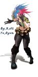  1girl black_gloves blue_eyes blue_hair boots dark_persona dog_tags evilgun gas_can gloves hand_over_eye jacket leona_heidern looking_at_viewer military military_uniform multicolored_hair ponytail red_eyes redhead signature snk soldier solo tank_top the_king_of_fighters uniform 