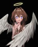  1girl absurdres angel_(nadegata) angel_wings black_background blush bright_pupils brown_hair covering_mouth feathered_wings hair_intakes halo hand_over_own_mouth hand_up highres long_hair looking_at_viewer nadegata nue original parted_lips ribs simple_background skinny solo white_pupils white_wings wings 