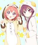  2girls :d absurdres akaza_akari animal_costume bangs blue_background blush closed_mouth commentary_request dog_costume eyebrows_visible_through_hair goat_costume hand_up hands_up highres hood hood_up looking_at_viewer mesushio multiple_girls open_mouth outline pajamas purple_hair redhead short_hair smile standing starry_background sugiura_ayano violet_eyes white_outline yuru_yuri 