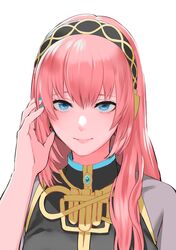  1girl blue_eyes blue_nails close-up headband light_smile looking_at_viewer medium_hair megurine_luka meriko pink_hair solo vocaloid 