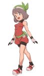  1girl bandana bike_shorts blue_eyes breasts brown_hair creatures_(company) game_freak gloves hair_ribbon haruka_(pokemon) highres looking_at_viewer medium_hair nintendo nyonn24 olm_digital open_mouth pokemon pokemon_(game) pokemon_rse ribbon simple_background smile solo the_pokemon_company walking white_background 