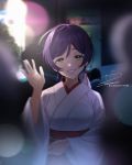  1girl aqua_eyes breasts facing_viewer hand_up head_tilt highres japanese_clothes looking_at_viewer love_live! love_live!_school_idol_project medium_breasts miko parted_lips purple_hair smile solo toujou_nozomi waving zawawa_(satoukibi1108) 