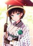  1girl black_gloves black_hair blurry blurry_foreground brown_headwear closed_mouth depth_of_field flower gloves goroo_(eneosu) green_eyes green_flower hand_up highres japanese_clothes kimono kurosawa_dia long_sleeves love_live! love_live!_sunshine!! mole mole_under_mouth obi polka_dot sash see-through short_hair smile solo striped striped_kimono upper_body vertical-striped_kimono vertical_stripes white_flower wide_sleeves 