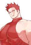  1boy abs alternate_costume bara beard blue_eyes boku_no_hero_academia chest covered_abs deavor_lover facial_hair highres looking_at_viewer male_focus manly muscle nipples pectorals redhead scar spiky_hair todoroki_enji upper_body white_background 