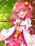  1girl ahoge bag bell cherry_blossom_print detached_sleeves floral_print food food_on_face grass green_eyes hair_bell hair_between_eyes hair_ornament hairclip highres holding holding_food hololive long_hair looking_at_viewer mi_taro333 paper_bag petals pink_hair sakura_miko solo taiyaki virtual_youtuber wagashi x_hair_ornament 