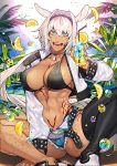  1girl animal_ears belt bikini bikini_top blue_eyes breasts caenis_(fate) cup dark_skin denim denim_shorts dog_tags drinking_glass drinking_straw fate/grand_order fate_(series) food fruit hairband large_breasts lemon lemon_slice micro_shorts navel shorts single_thighhigh sitting sokuse_kienta studded_belt sun swimsuit tattoo thigh-highs toned white_hair 