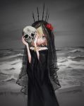  1girl absurdres beach belt_collar black_dress blonde_hair bright_pupils closed_mouth collar crown dress flower grey_background grey_sky hair_flower hair_ornament hands_up highres holding holding_skull long_dress long_sleeves looking_at_viewer nadegata ocean original red_eyes red_flower short_hair skull smile solo veil white_pupils wide_sleeves 