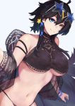  1girl ahoge arm_strap azur_lane bangs bare_shoulders bikini black_bikini black_choker black_hair blue_eyes blue_wristband breasts choker collarbone commentary_request cowboy_shot earrings eyebrows_visible_through_hair eyewear_on_head georgia_(azur_lane) georgia_(lanier_swan)_(azur_lane) hair_between_eyes hair_ornament heterochromia highres jewelry large_breasts long_hair looking_at_viewer marshall_k midriff navel ribbon short_hair_with_long_locks sidelocks simple_background smile solo standing star-shaped_eyewear star_(symbol) star_earrings sunglasses swimsuit tankini under_boob wristband yellow_eyes 