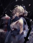  1girl absurdres ahoge blood blood_on_face bloody_clothes bow fate/grand_order fate_(series) hair_bow haori highres hiro_(hirohiro_gorira) huge_filesize japanese_clothes katana off_shoulder okita_souji_(fate) okita_souji_(fate)_(all) scarf snow sword torn_clothes weapon 