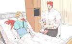 2boys alternate_costume bandages beard bed blonde_hair blue_eyes boku_no_hero_academia chest couple deavor_lover facial_hair feathered_wings feathers hawks_(boku_no_hero_academia) hospital_bed hospital_gown injury male_focus manly multiple_boys mustache redhead scar spiky_hair todoroki_enji upper_body wings 